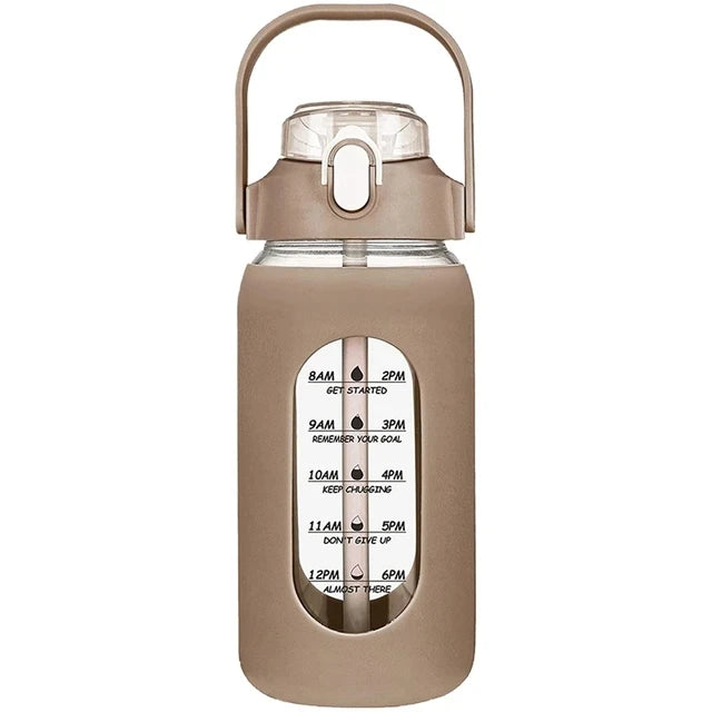 1000ML Glass Water Bottles With Straw, Glass Bottle With Silicone Sleeve And Time Marker, For Gym Camping Home Office
