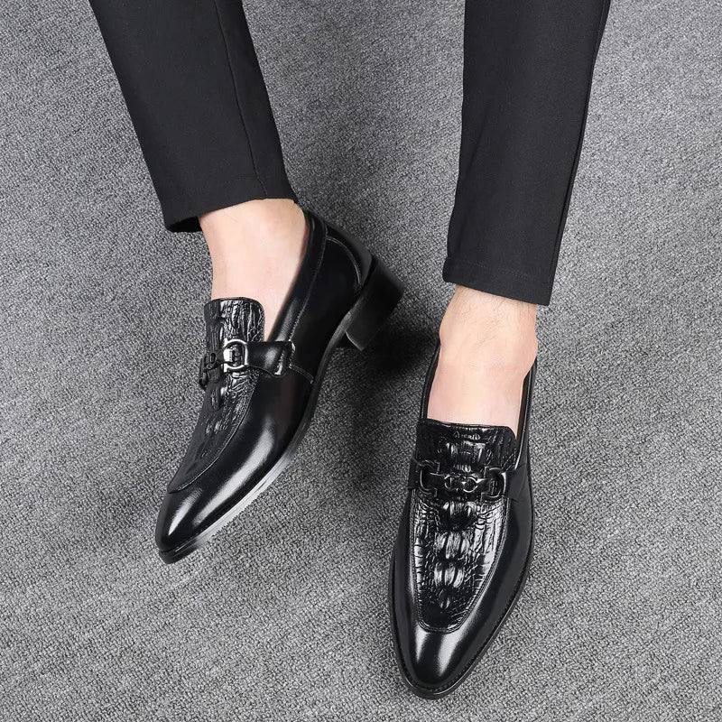 Man Shoes Leather Trendy Casual Business Crocodile Grain Buckle Men's Wedding Club Fashion Loafers Slip-on Comfortable Flats