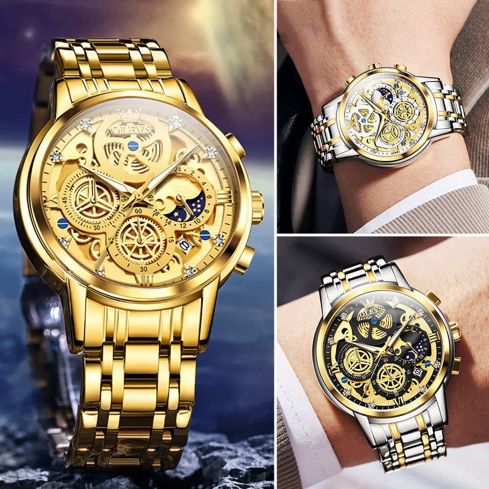 Top Brand Luxury Original Waterproof Quartz Watch for Man Gold Skeleton Style