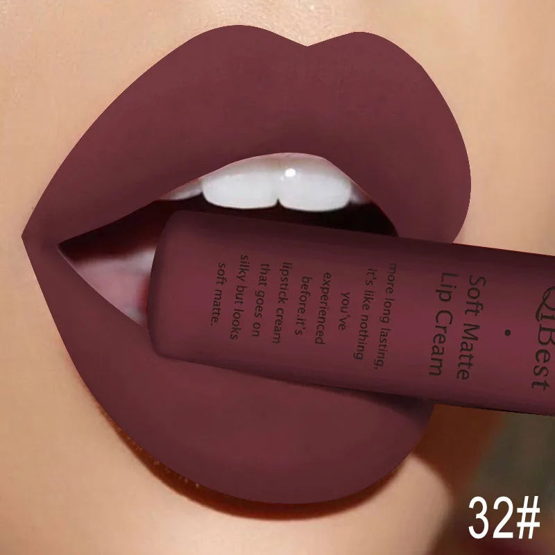QIBEST Matte Liquid Lipstick Waterproof Lasting Velvet Lip Gloss Tint Tube Nude Pigment Red Black Purple Orange Lipstick Makeup