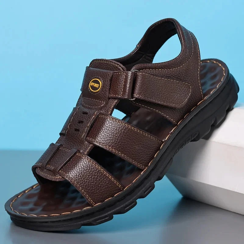 Men's Summer Genuine Leather Sandals 2024 New Style Beach Shoes Non-Slip Driving Outerwear PVC Material Chinese Made
