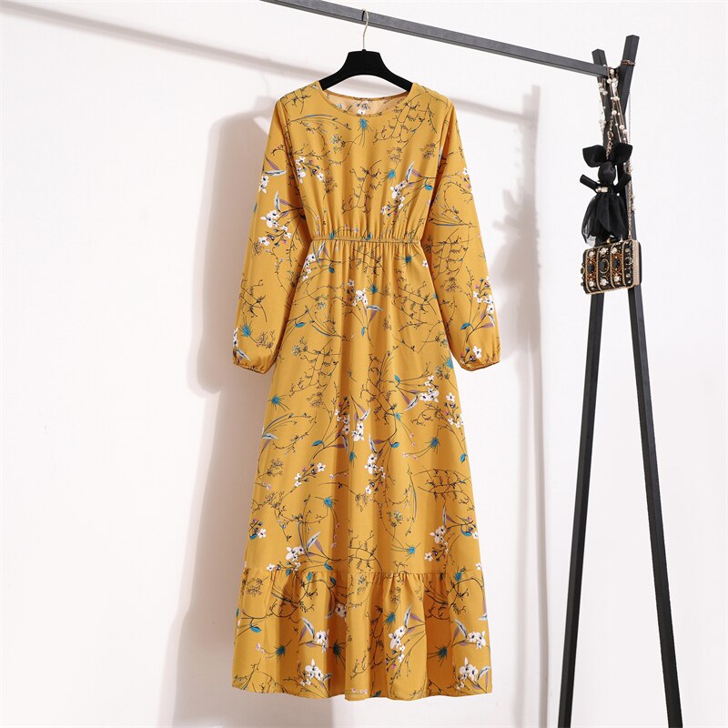 Spring Summer Women Maxi Dresses Casual Full Sleeve Floral Printed O-neck