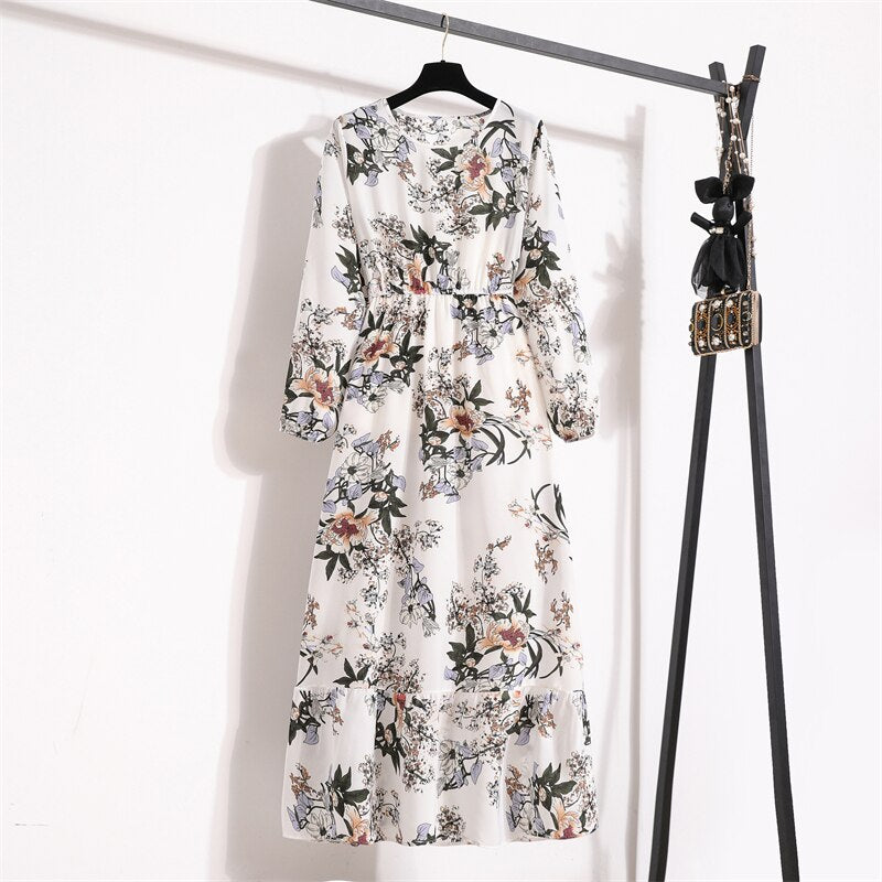 Spring Summer Women Maxi Dresses Casual Full Sleeve Floral Printed O-neck