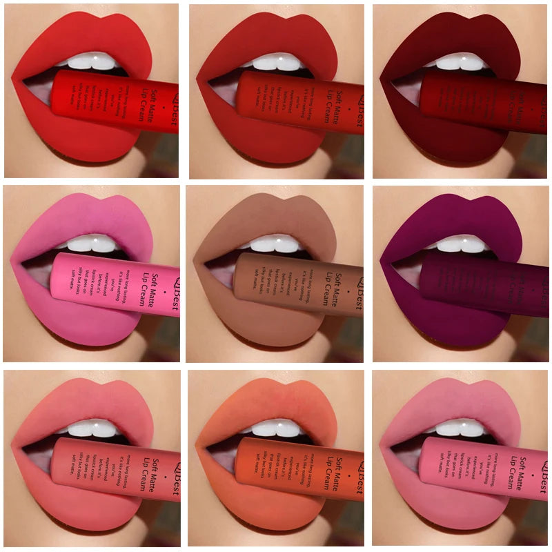 QIBEST Matte Liquid Lipstick Waterproof Lasting Velvet Lip Gloss Tint Tube Nude Pigment Red Black Purple Orange Lipstick Makeup