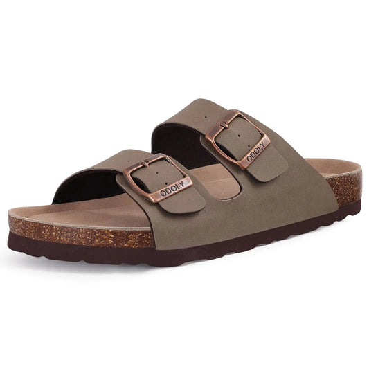 Comwarm Men's Cork Footbed Slides Sandals Arch Support Summer Outdoor Sandals with Adjustable Buckle Leisure Men Leather Slides