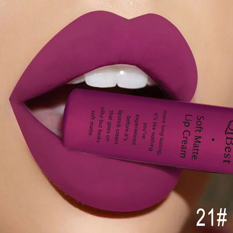 QIBEST Matte Liquid Lipstick Waterproof Lasting Velvet Lip Gloss Tint Tube Nude Pigment Red Black Purple Orange Lipstick Makeup