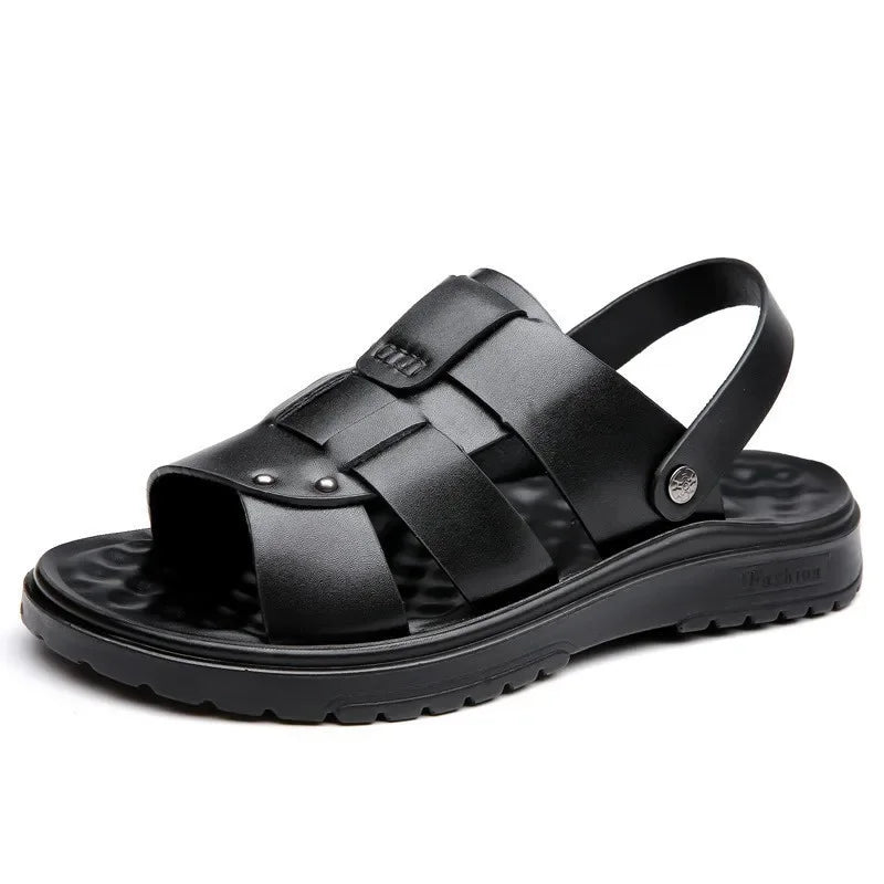 Trendy Men's Leather Sandals Soft Bottom Beach Shoes Large Size Cross-Border TEMU New Style Comfortable Breathable Footwear