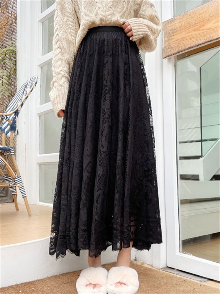 Women's Lace Crochet Umbrella Long Skirts Bohemian High Waist Hollow Out Female Maxi Skirts Spring Summer