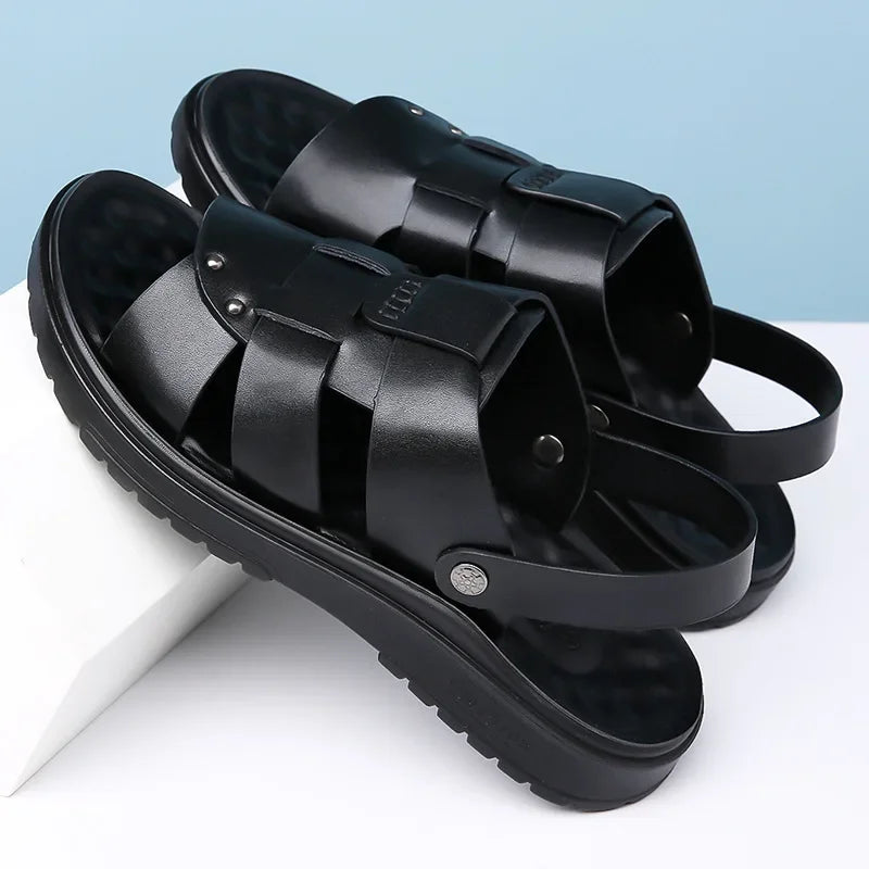 Trendy Men's Leather Sandals Soft Bottom Beach Shoes Large Size Cross-Border TEMU New Style Comfortable Breathable Footwear