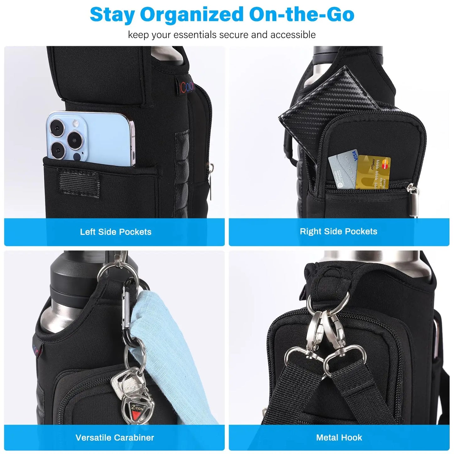 Magnetic Gym Bag Water Bottle Carrier Holder with Phone Pockets & Shoulder Strap,5 Built-in Magnets Gym Bottle Pouch Sleeve