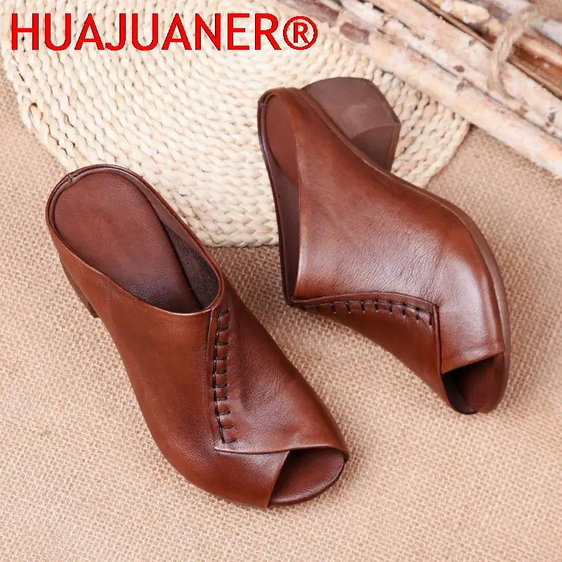 Women Thick-heeled Soft Leather Outer Slippers Fish Mouth Comfortable Versatile Mid-heeled Women Sandals Women's Mother's Shoes