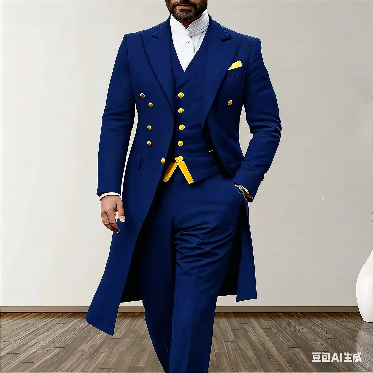 Blue Wedding Men Suits 3 Piece Long Blazer Vest Pants Satin One Button Tuxedo Formal Work Wear Prom XS-5XL