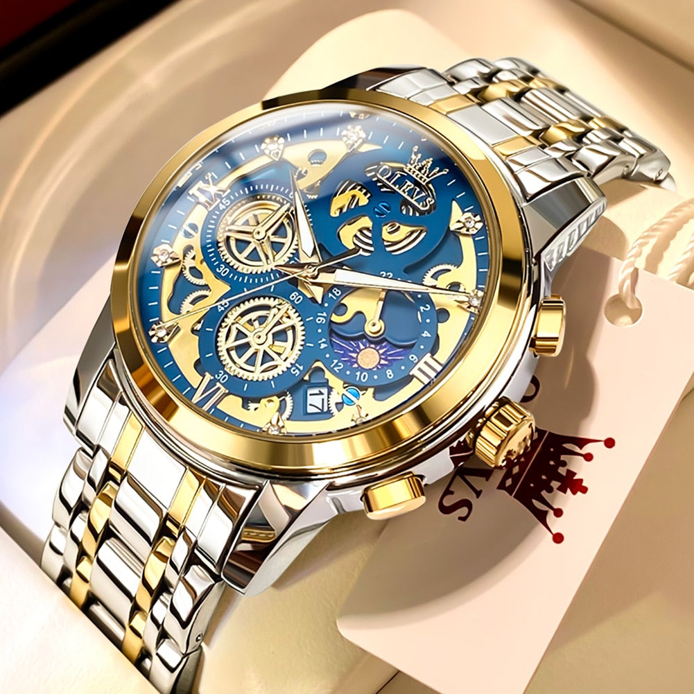 Top Brand Luxury Original Waterproof Quartz Watch for Man Gold Skeleton Style