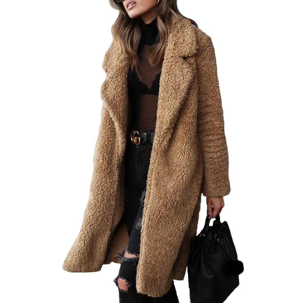 Popular autumn and winter long sleeved lapel women's plush top long jacket women's autumn and winter medium long plush jacket