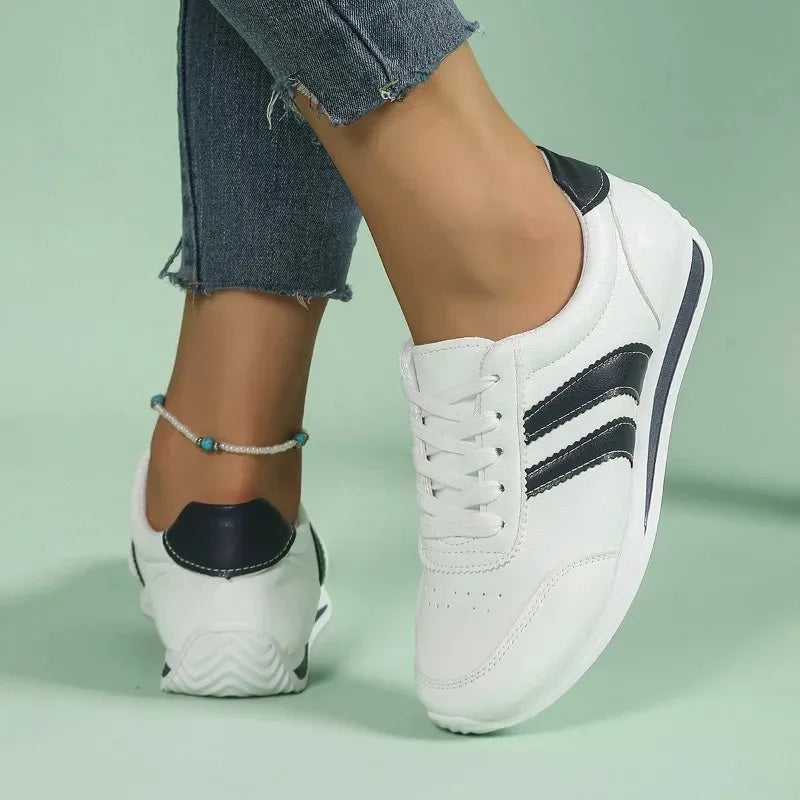 Ladies' lace up casual sports shoes with soft sole running shoes, blue stripe design, comfortable, non slip, lace up casual spor