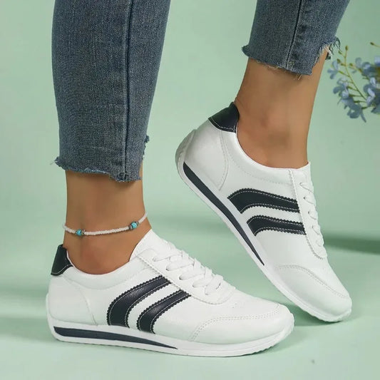 Ladies' lace up casual sports shoes with soft sole running shoes, blue stripe design, comfortable, non slip, lace up casual spor