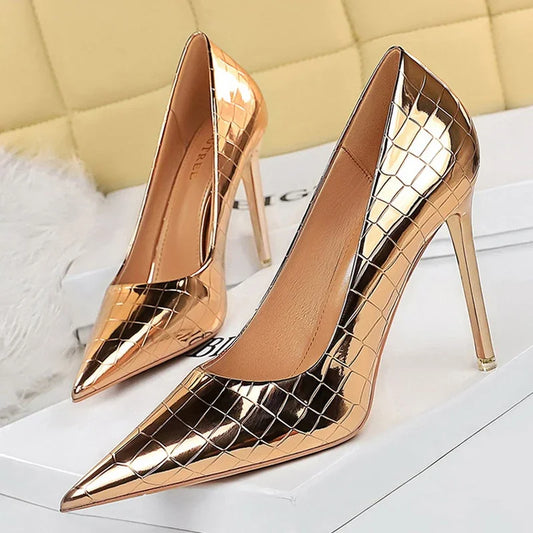BIGTREE Serpentine Patent Leather Woman Pumps High Heels Sexy Pointed Toe Heels Shoes Zapatos Mujer