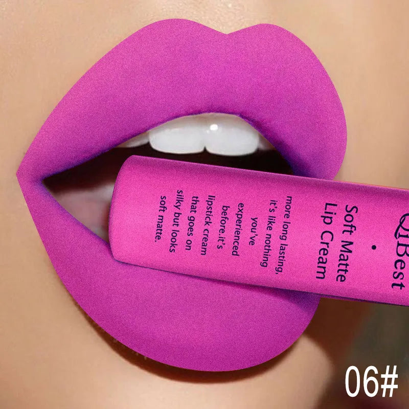 QIBEST Matte Liquid Lipstick Waterproof Lasting Velvet Lip Gloss Tint Tube Nude Pigment Red Black Purple Orange Lipstick Makeup