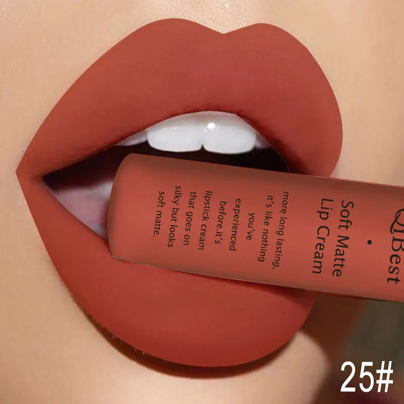 QIBEST Matte Liquid Lipstick Waterproof Lasting Velvet Lip Gloss Tint Tube Nude Pigment Red Black Purple Orange Lipstick Makeup