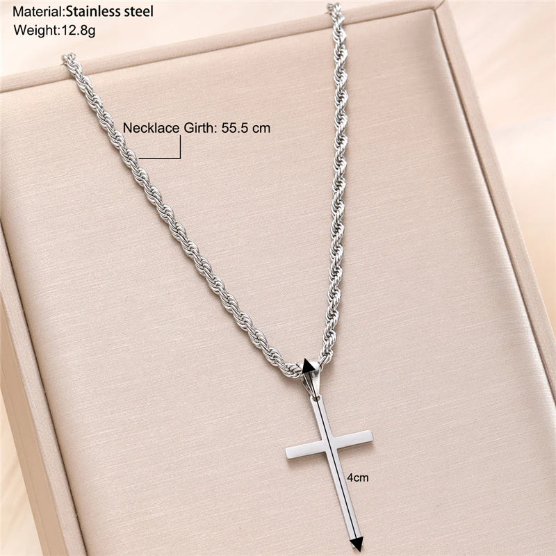 Stainless Steel Cross Pendant Necklace for Men Boys 18K Gold Plated Silver Simple Twisted Chain Fashionable Jewelry Beach Party