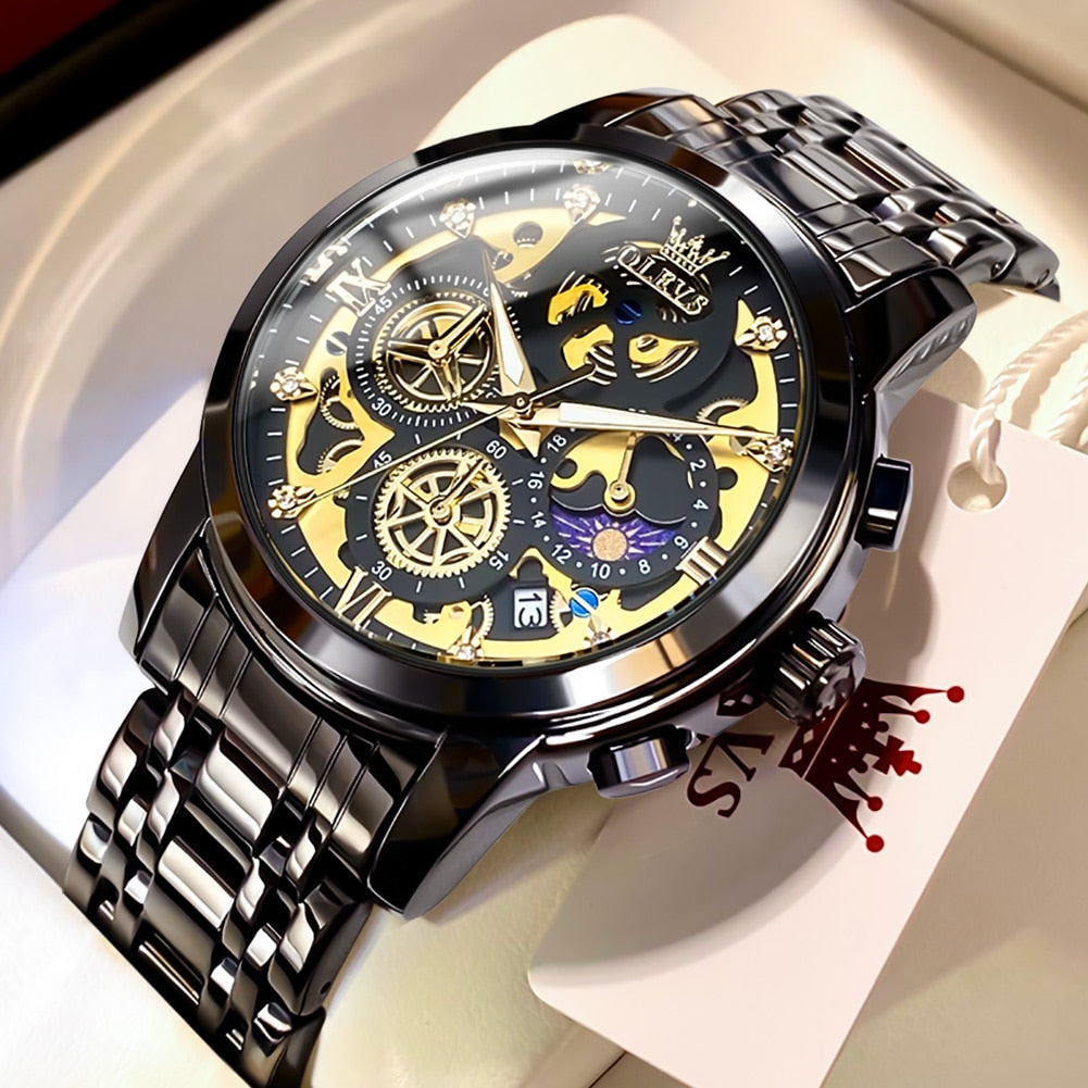 Top Brand Luxury Original Waterproof Quartz Watch for Man Gold Skeleton Style