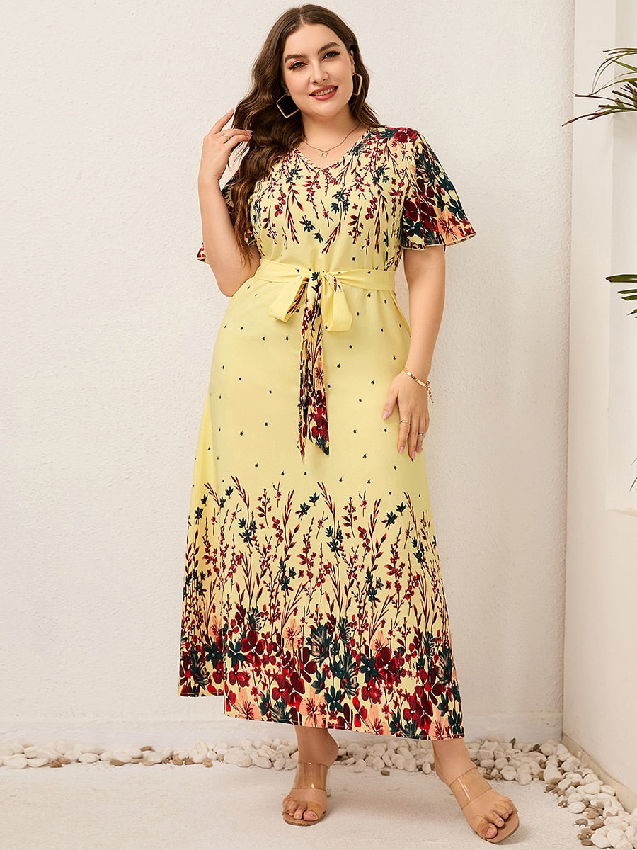 2023 Women Summer Long Dress V Neck Short Sleeve Floral Print Beach Dress