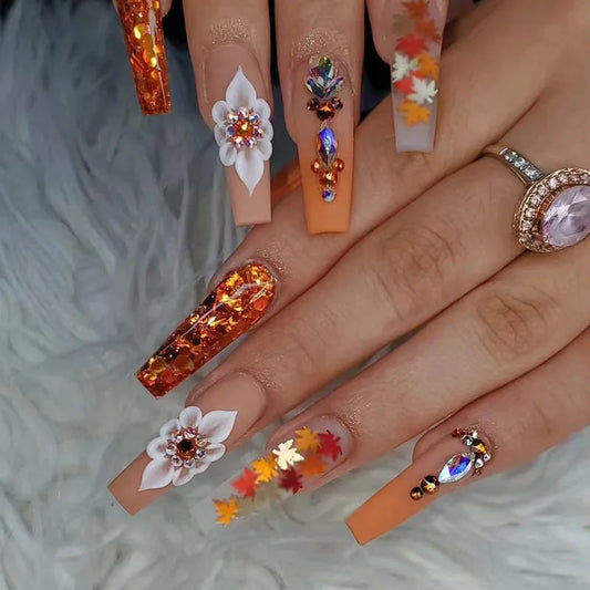 24Pcs Long Ballet Press on Nails Orange Gradient Maple Leaf Fake Nails Flower Rhinestone Shiny Powder Wearable False Nails Tips