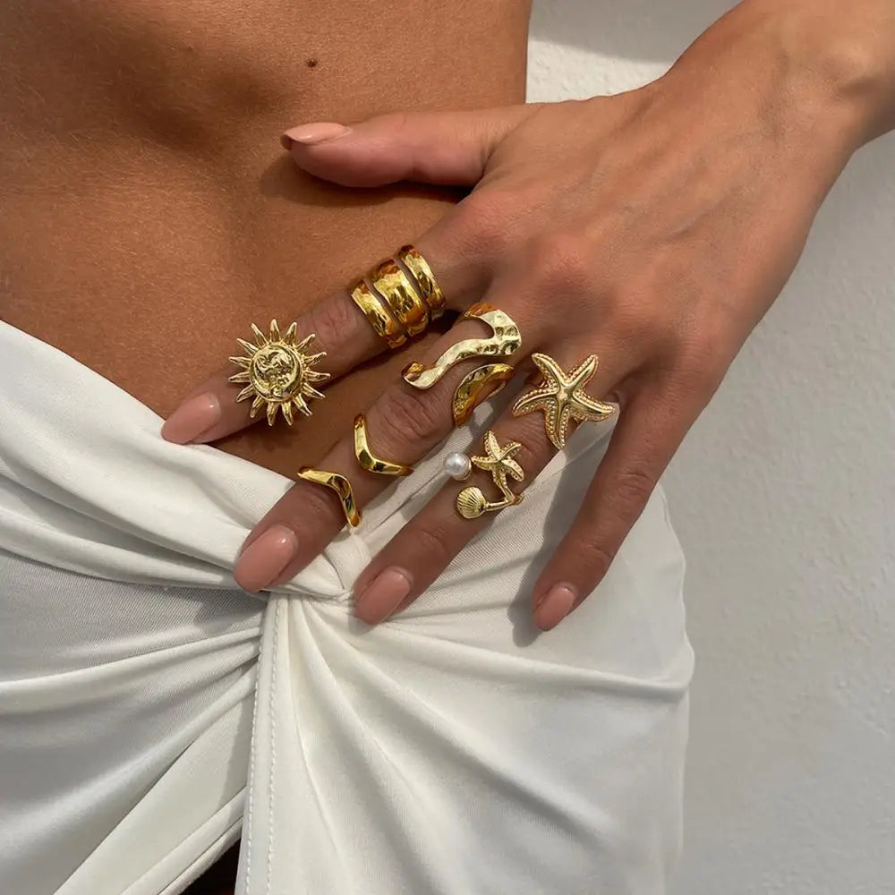 6Pcs/Set Vintage Sun Starfish Open Rings for Women Men Punk Irregular Pleated Pearl Ring Summer Holiday Personalized Jewelry