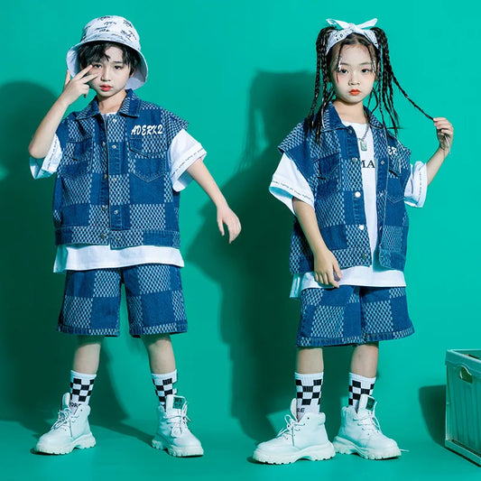 Kid Kpop Hip Hop Clothing Checkered Sleeveless Jacket Denim Vest Top Summer Jeans Shorts for Girl Boy Jazz Dance Costume Clothes