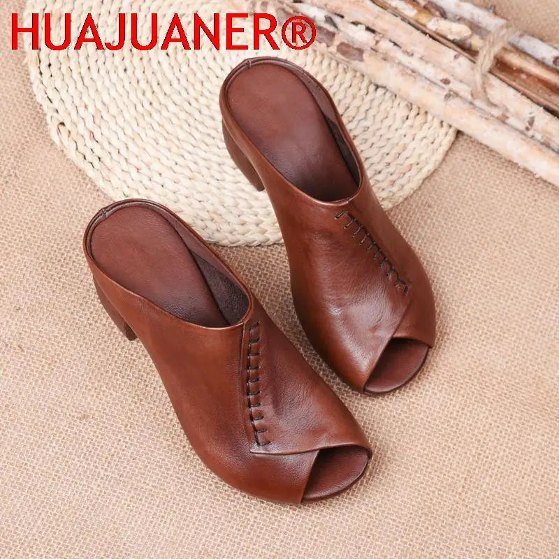 Women Thick-heeled Soft Leather Outer Slippers Fish Mouth Comfortable Versatile Mid-heeled Women Sandals Women's Mother's Shoes