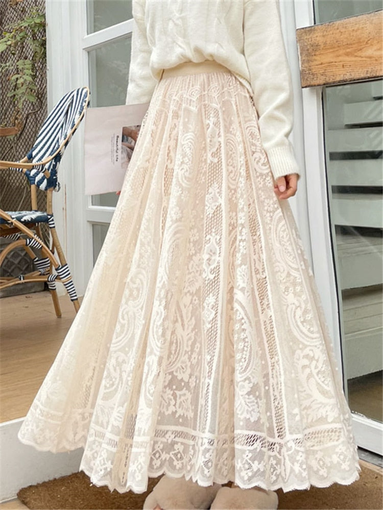 Women's Lace Crochet Umbrella Long Skirts Bohemian High Waist Hollow Out Female Maxi Skirts Spring Summer