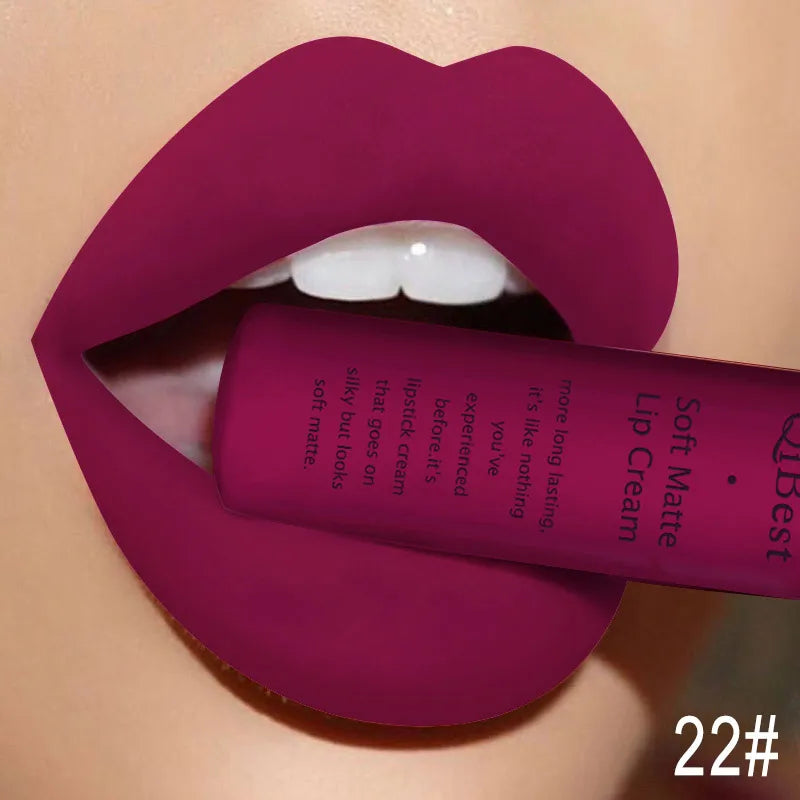 QIBEST Matte Liquid Lipstick Waterproof Lasting Velvet Lip Gloss Tint Tube Nude Pigment Red Black Purple Orange Lipstick Makeup