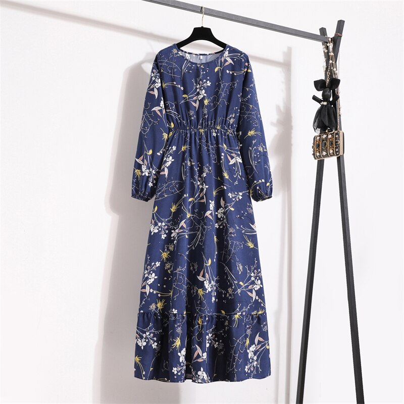 Spring Summer Women Maxi Dresses Casual Full Sleeve Floral Printed O-neck