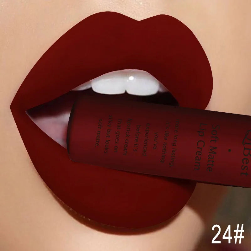 QIBEST Matte Liquid Lipstick Waterproof Lasting Velvet Lip Gloss Tint Tube Nude Pigment Red Black Purple Orange Lipstick Makeup