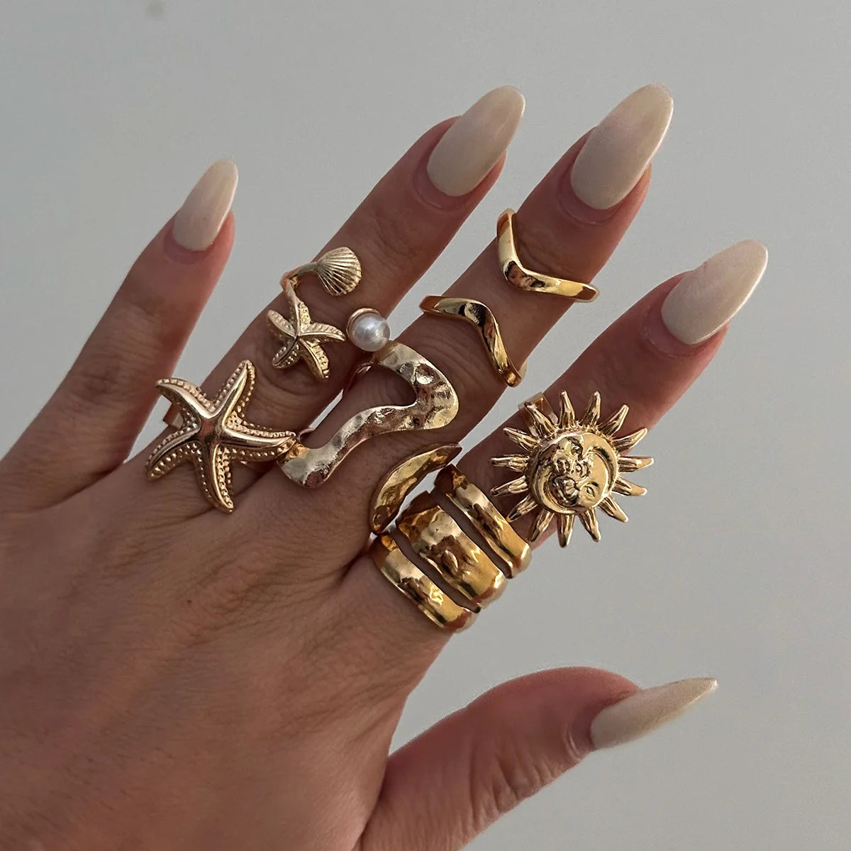 6Pcs/Set Vintage Sun Starfish Open Rings for Women Men Punk Irregular Pleated Pearl Ring Summer Holiday Personalized Jewelry