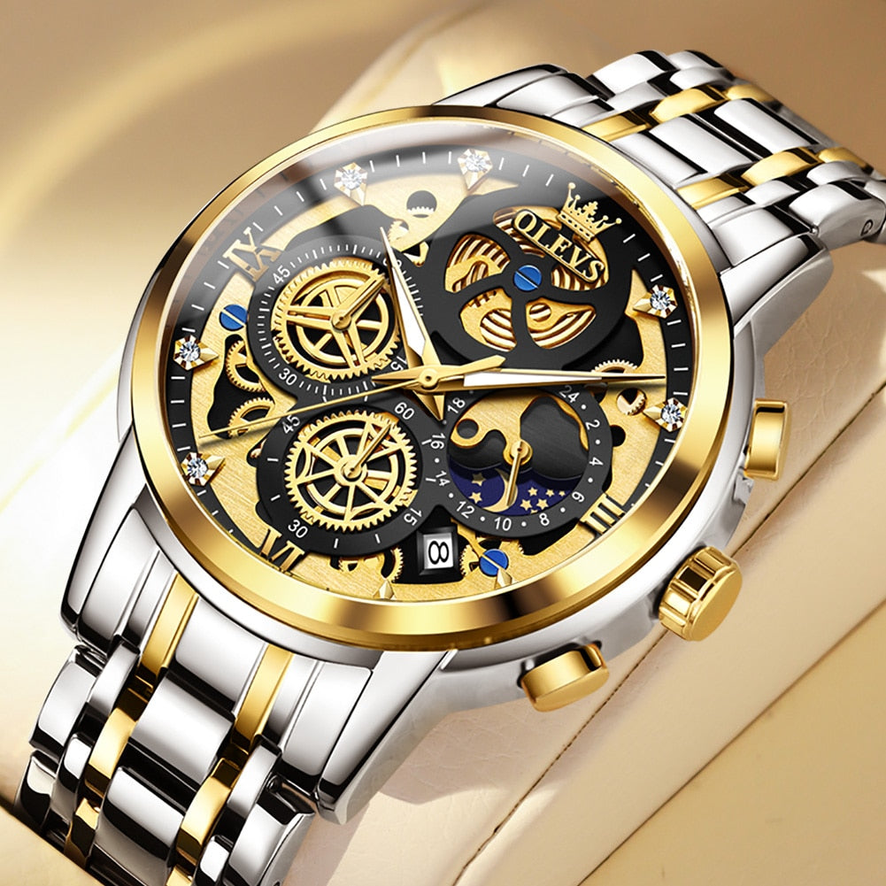 Top Brand Luxury Original Waterproof Quartz Watch for Man Gold Skeleton Style