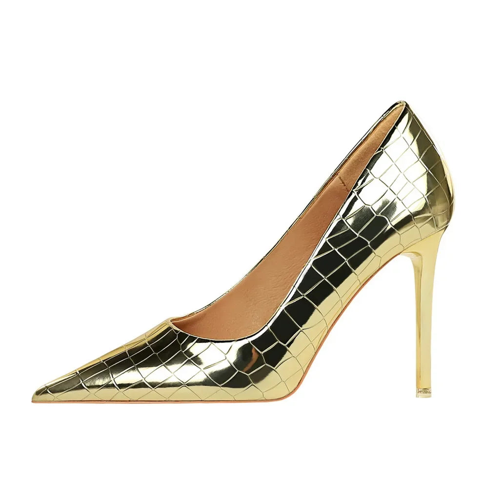 BIGTREE Serpentine Patent Leather Woman Pumps High Heels Sexy Pointed Toe Heels Shoes Zapatos Mujer