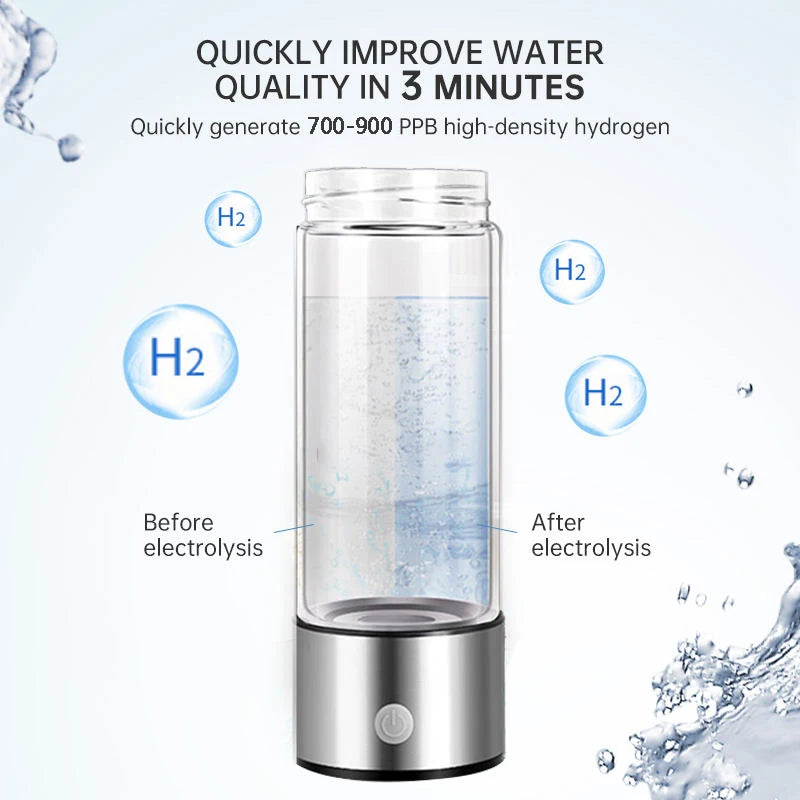 Hydrogen Water Generator Bottle 400ml Rechargeable Electrolysis Hydrogen-Rich Glass Cup Portable Health Antioxidant Drink Bottle