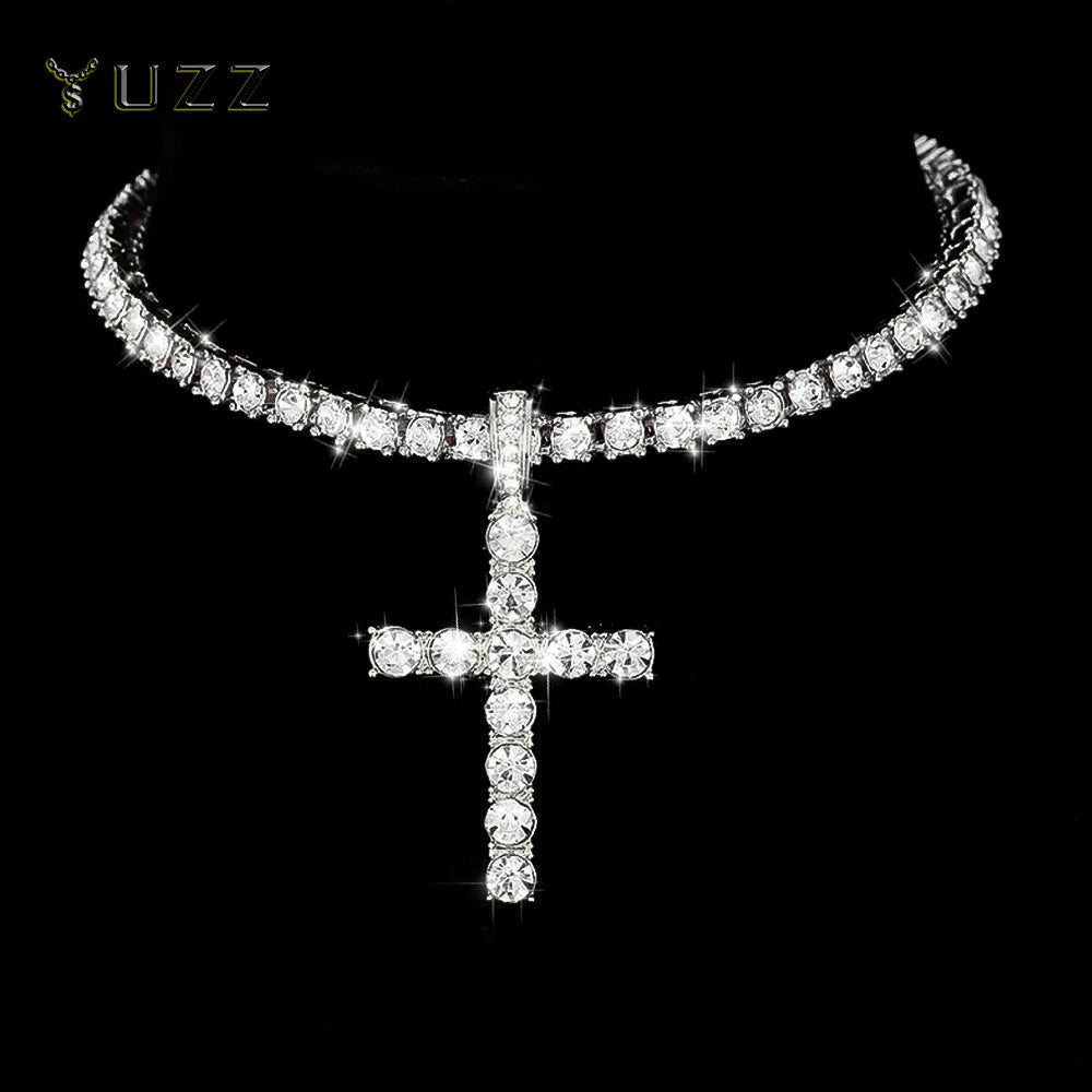 Hip Hop Iced Out Cross Pendant Necklace Strap 4mm Zircon Tennis Chain Men Women Sparkling Necklace Punk Jewelry Fashion Gift
