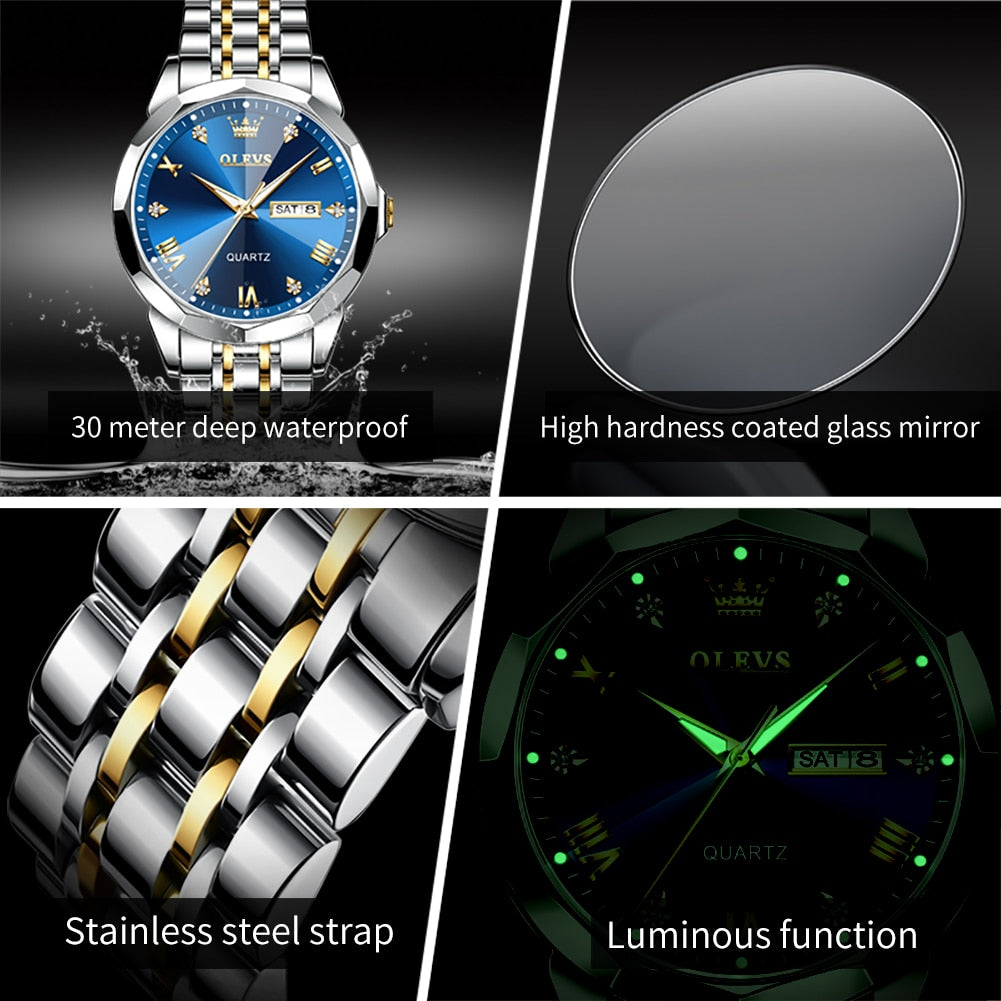 Waterproof Luminous Stainless Steel Wristwatch Male Date Week