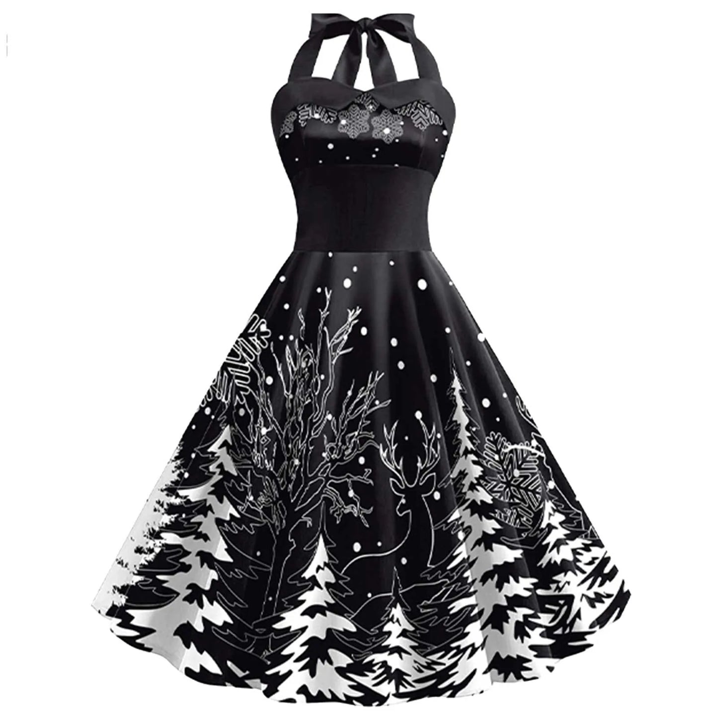 Women Christmas Dress Christmas Snowflake Print New Year Costume Spaghetti Strap High Waist Sleeveless Ladies Maxi Dresses