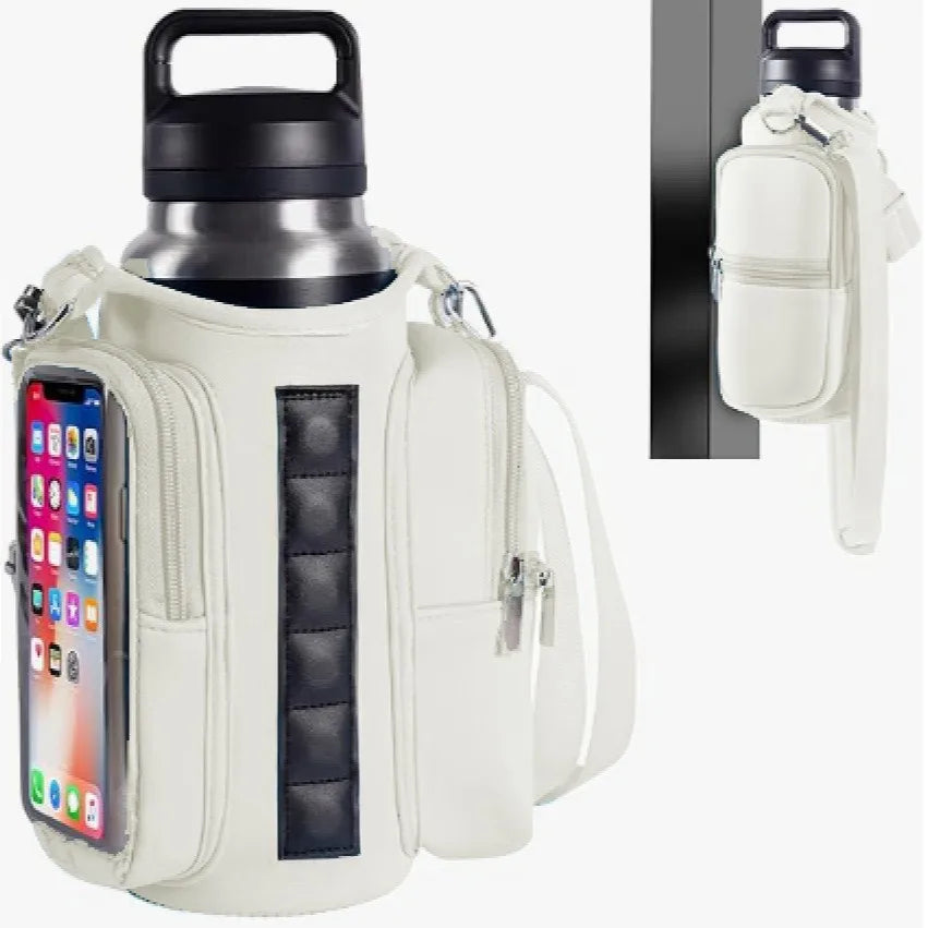 Magnetic Gym Bag Water Bottle Carrier Holder with Phone Pockets & Shoulder Strap,5 Built-in Magnets Gym Bottle Pouch Sleeve