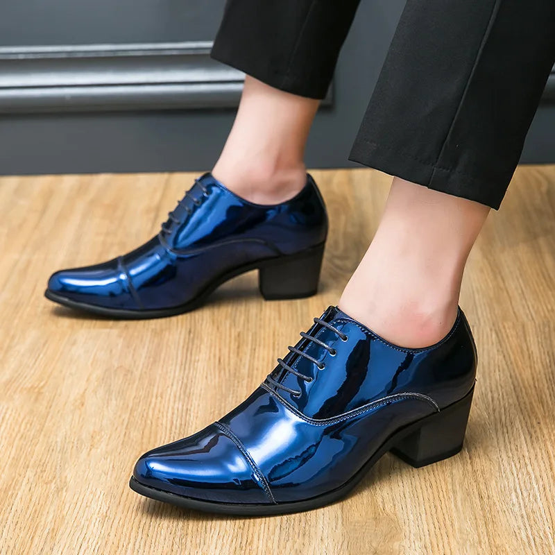 New Dress Leather Shoes Men High Heel Pointed Toe Brogue Wedding Shoes Height Increase Formal Career Work Jazz Dance Shoes