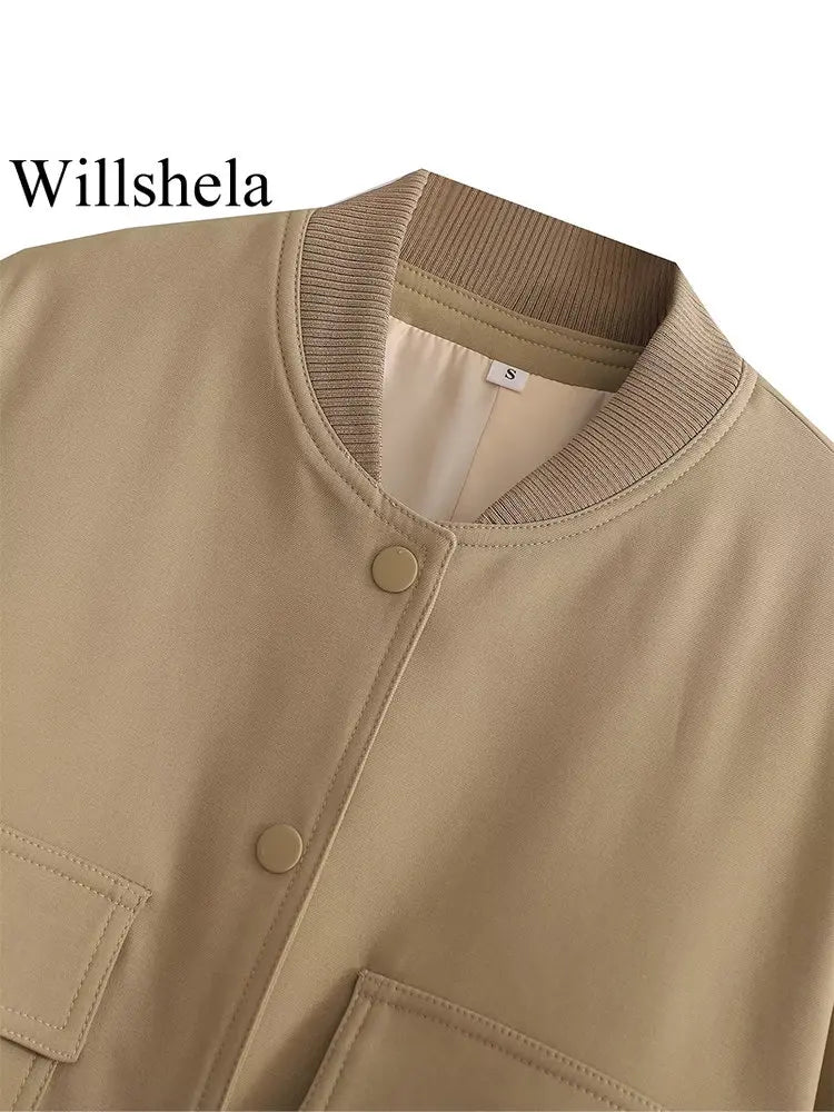 Willshela Women Fashion Solid Bomber Jackets Coat With Pockets V-Neck Single Breasted Long Sleeves Female Chic Lady Outfits