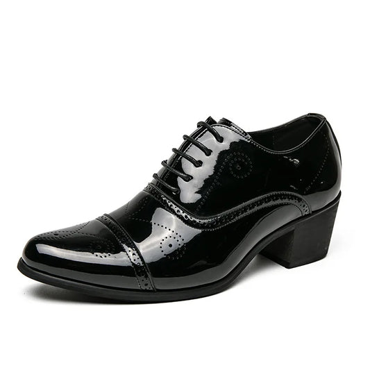 New Dress Leather Shoes Men High Heel Pointed Toe Brogue Wedding Shoes Height Increase Formal Career Work Jazz Dance Shoes