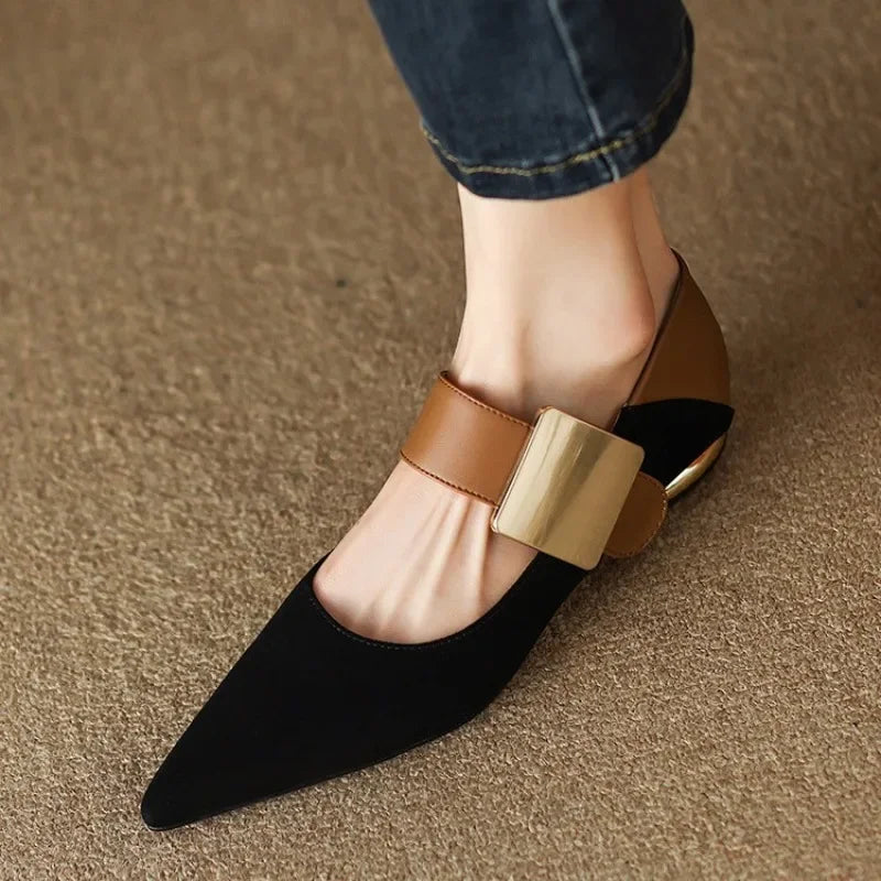 New 2023 Spring Women Nature Suede High Thick Heels SmallHut Black Apricot Square Toe Pumps Elegant Lady Metal Decoration Shoes