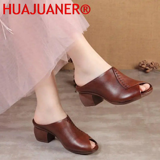 Women Thick-heeled Soft Leather Outer Slippers Fish Mouth Comfortable Versatile Mid-heeled Women Sandals Women's Mother's Shoes