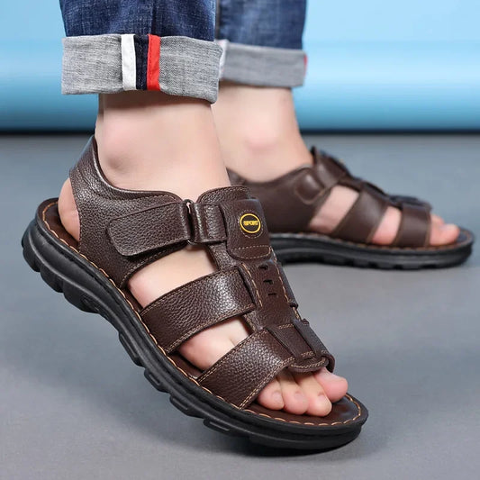 Men's Summer Genuine Leather Sandals 2024 New Style Beach Shoes Non-Slip Driving Outerwear PVC Material Chinese Made
