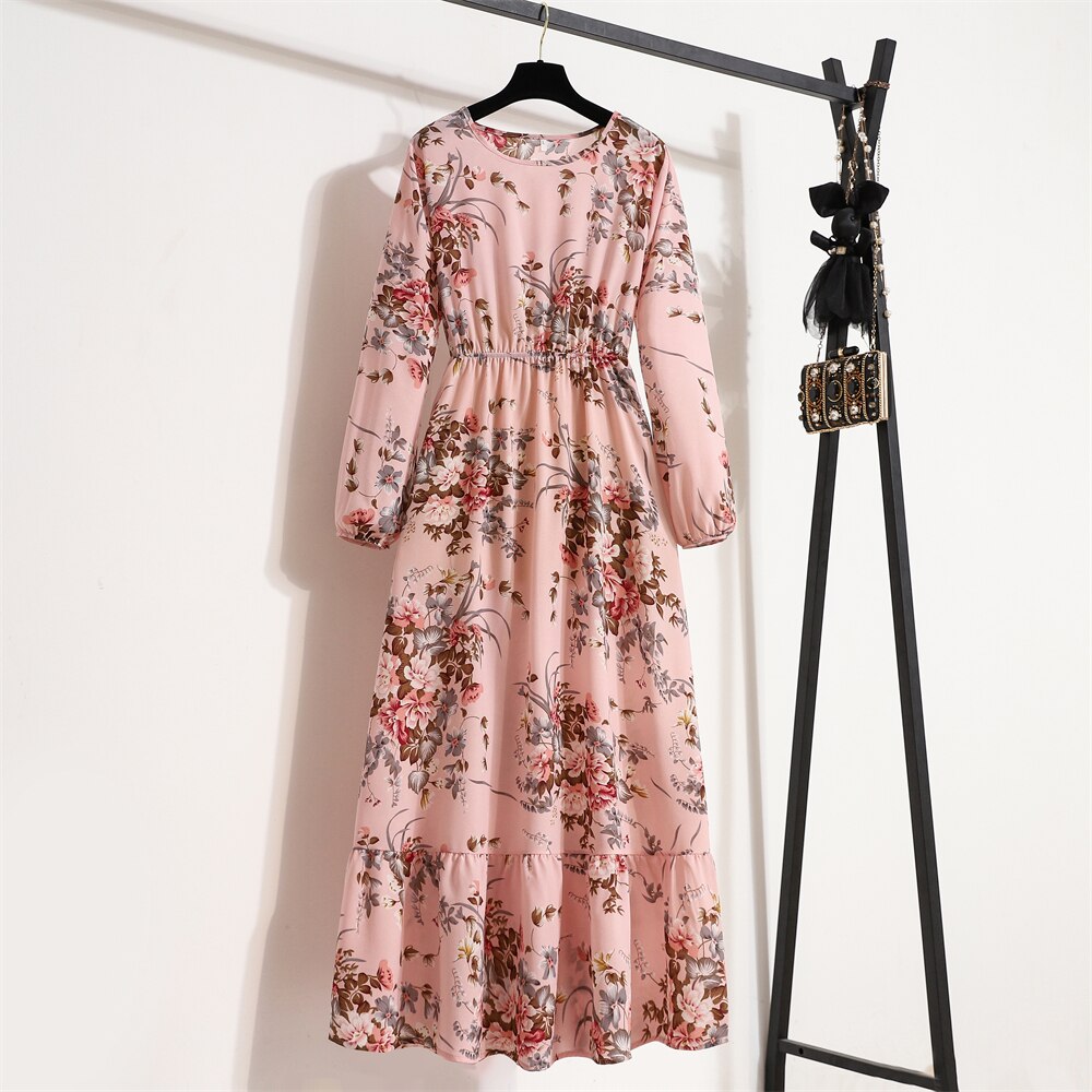 Spring Summer Women Maxi Dresses Casual Full Sleeve Floral Printed O-neck