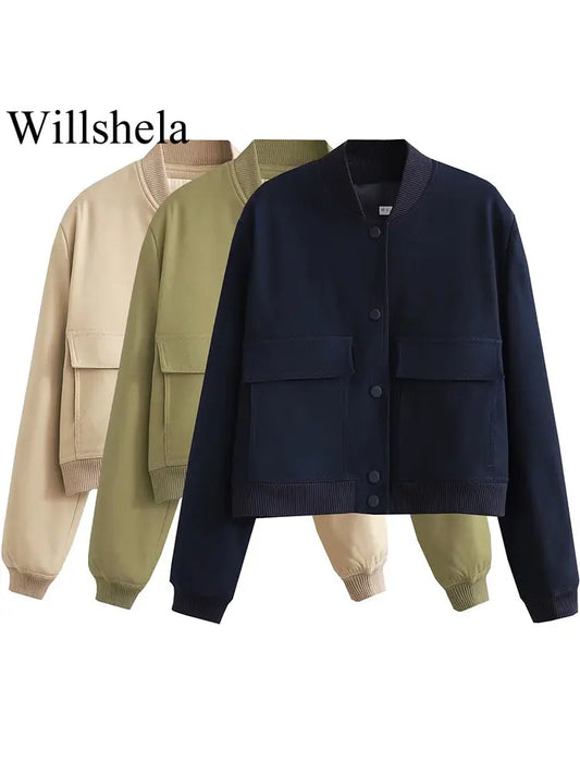 Willshela Women Fashion Solid Bomber Jackets Coat With Pockets V-Neck Single Breasted Long Sleeves Female Chic Lady Outfits